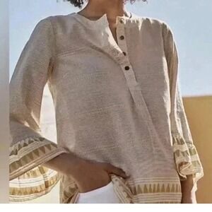 J Jill Tunic Top Organic‎ Cotton Beige Yellow Striped Bell Sleeve 2X Aztec Boho